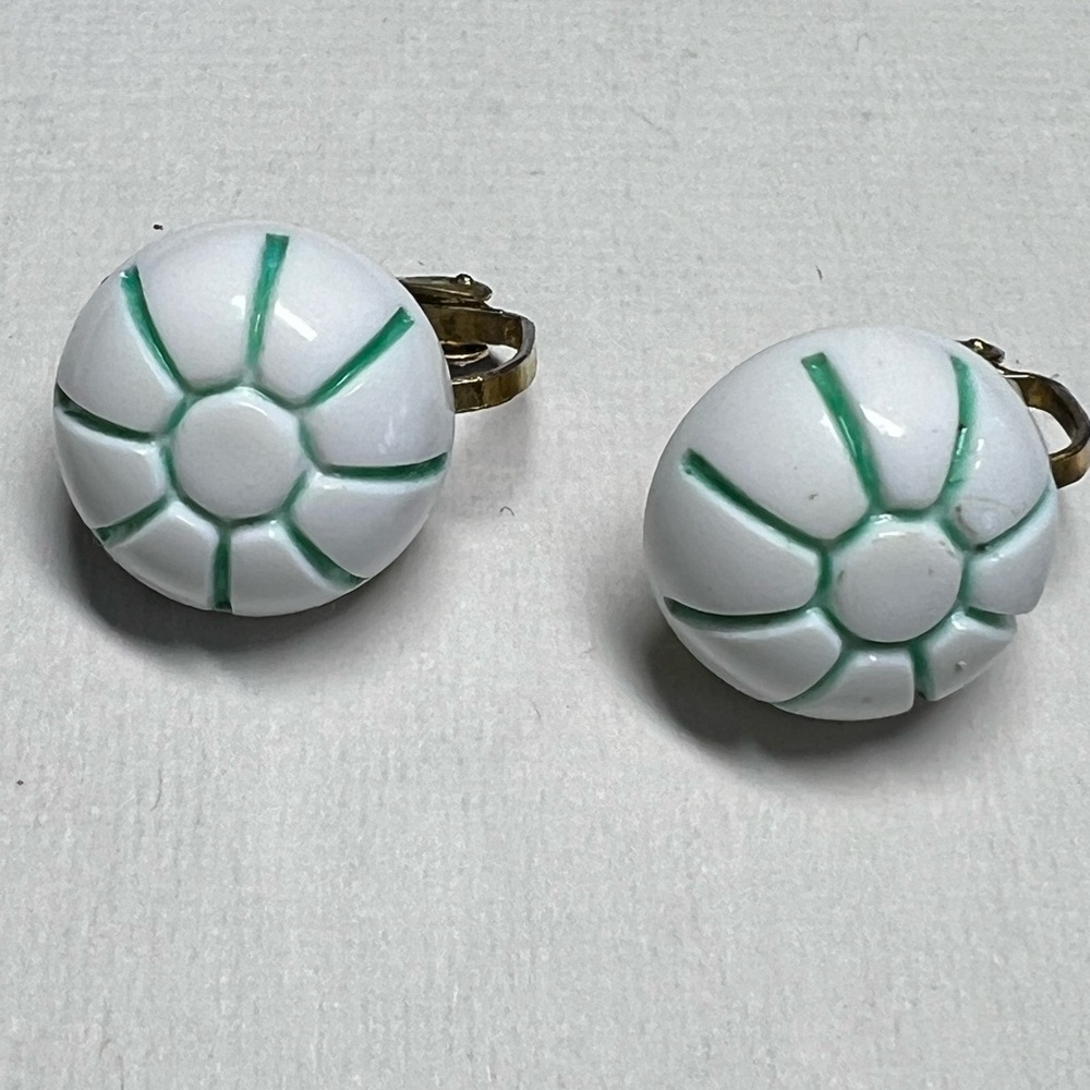 Vintage clip on earrings, white with blue stripes Hong Kong